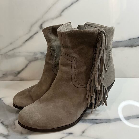 Sam Edelman | Women's Taupe Gray Leather Fringe Western Louie Ankle Boots Sz 6 - Picture 4 of 8